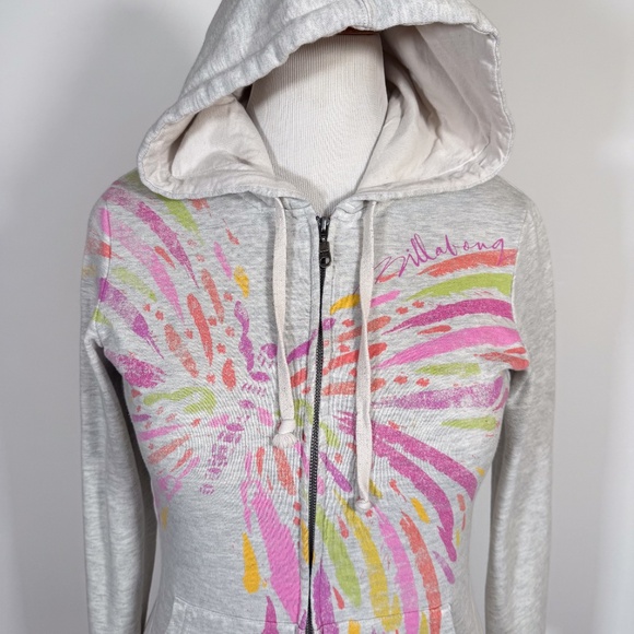 Billabong Y2K Light Grey Zip Up Hoodie Women's XL Butterfly Boho Logo - Picture 4 of 12